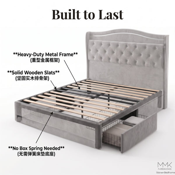 Luxury Tufted Velvet Upholstered Platform Bed Frame with Storage Drawer - Grey