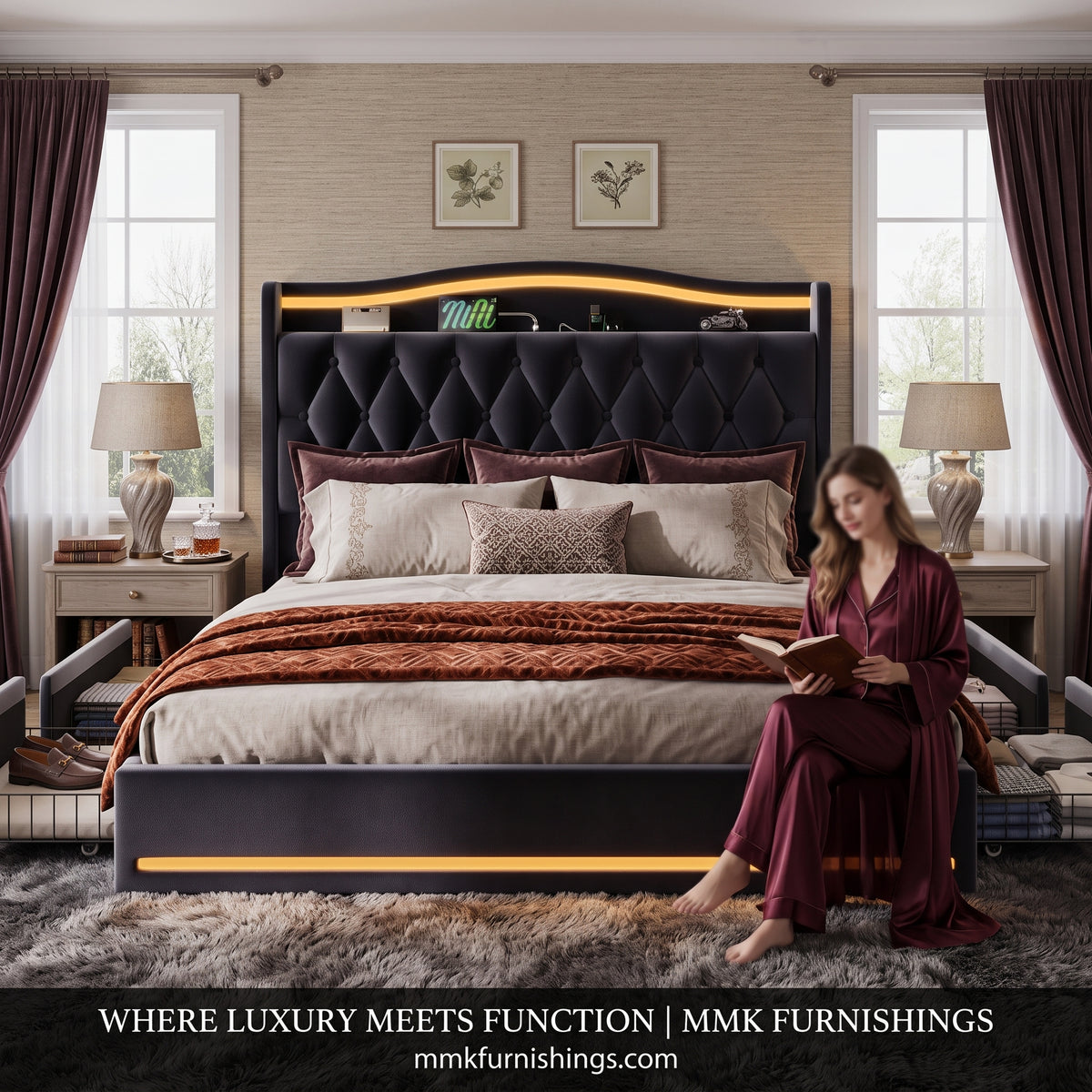 Luxurious Black Velvet Upholstered Bed Frame with LED Ambient Lighting, Headboard Shelf & Storage Drawers