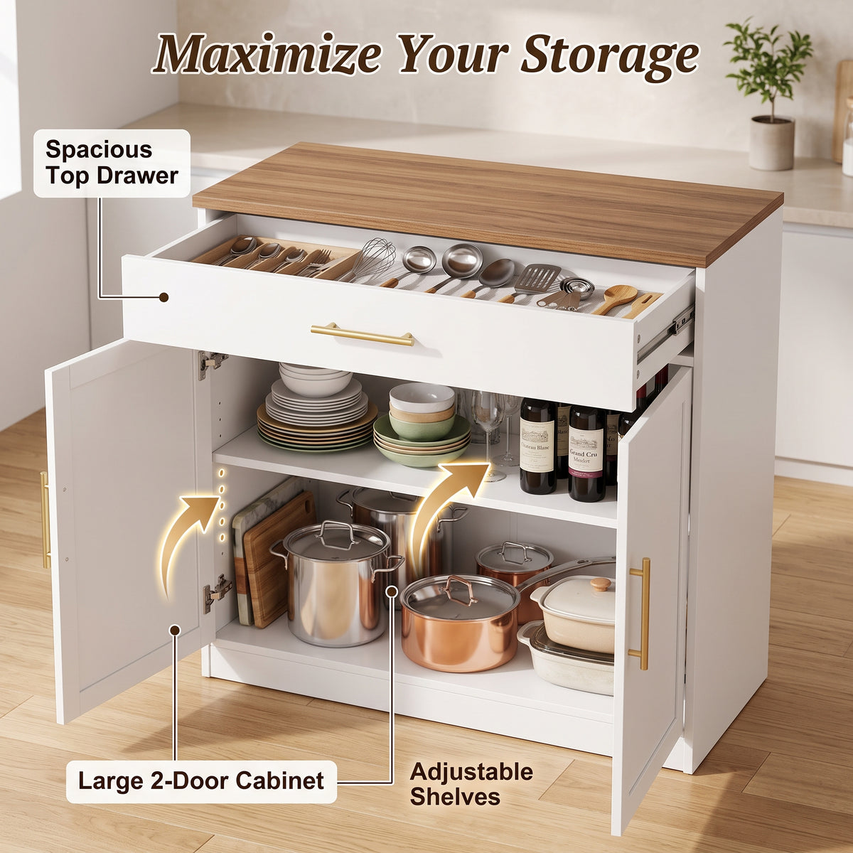 MMK Furnishings Modern Farmhouse White Sideboard Buffet Cabinet with Wood Grain Top & Gold Handles