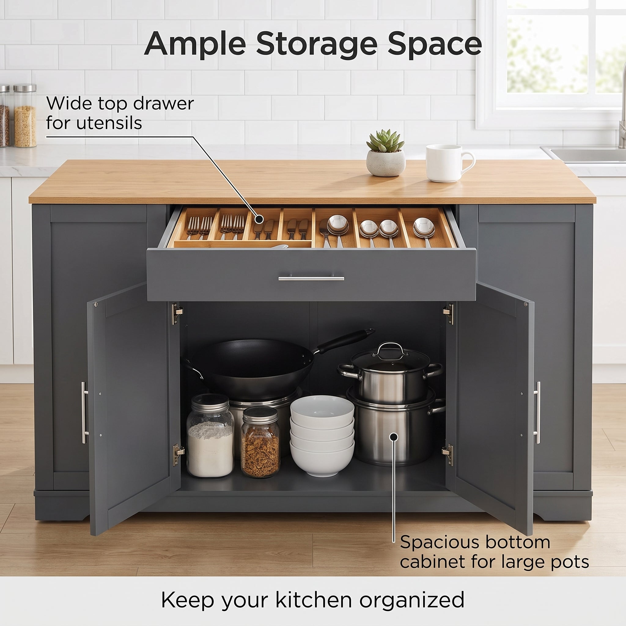 Modern Kitchen Storage Cabinet & Sideboard with Natural Wood Top - Dark Grey