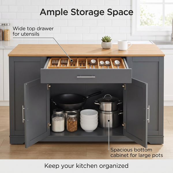 Modern Kitchen Storage Cabinet & Sideboard with Natural Wood Top - Dark Grey