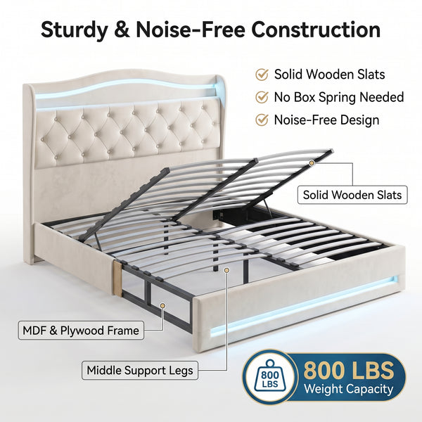 MMK FURNISHINGS Modern Upholstered Velvet Platform Bed Frame with LED Lights & Button-Tufted Headboard
