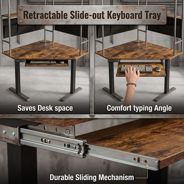 L-Shaped Electric Sit-Stand Corner Desk with Integrated Shelves & Fabric Storage Pockets