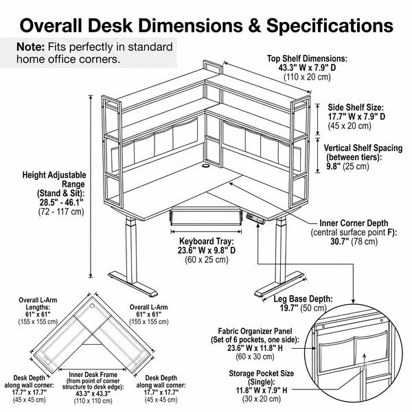 Sleek All-Black L-Shaped Electric Sit-Stand Corner Desk with Integrated Shelves & Storage