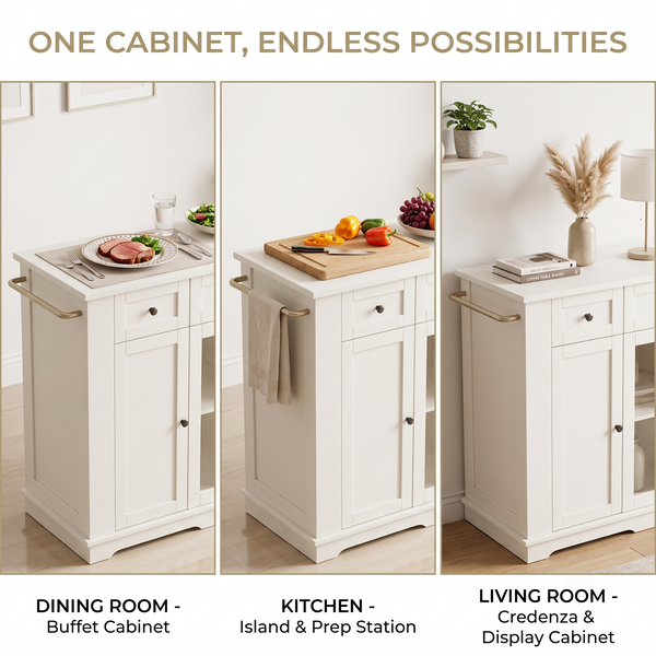 Premium Large White Kitchen Island & Buffet Sideboard with Glass Display Doors