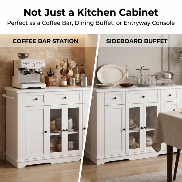 Premium Modern White Kitchen Island & Storage Sideboard with Glass Display Doors