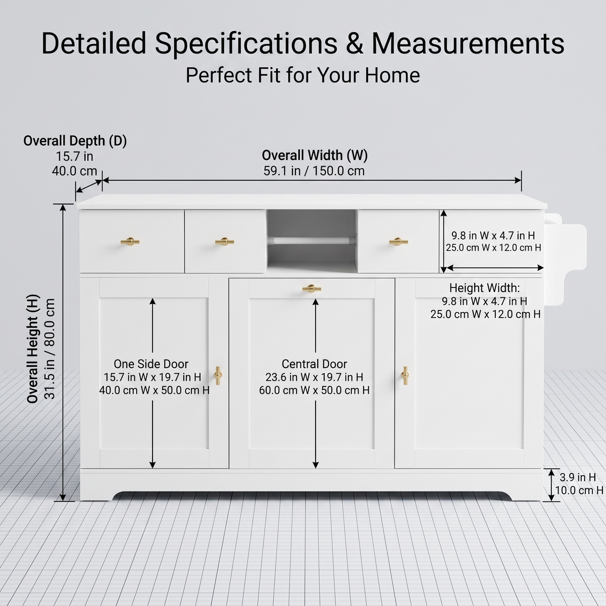 Premium Modern White Storage Cabinet & Kitchen Buffet Sideboard with Gold Hardware