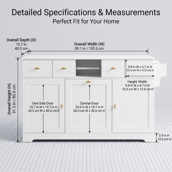 Premium Modern White Storage Cabinet & Kitchen Buffet Sideboard with Gold Hardware