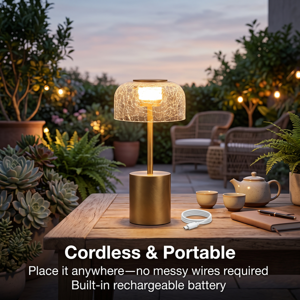 Modern Iron & Crackle Glass Desk Lamp in Brushed Brass