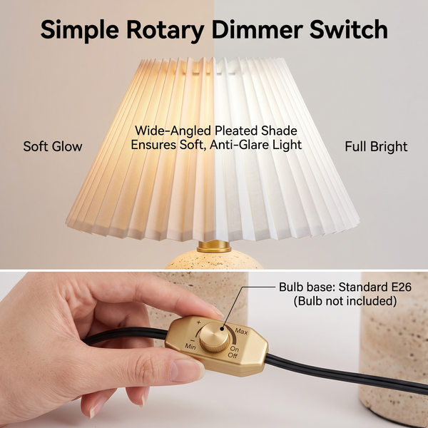 Modern Japandi Travertine Stone Desk Lamp with Pleated Fabric Shade
