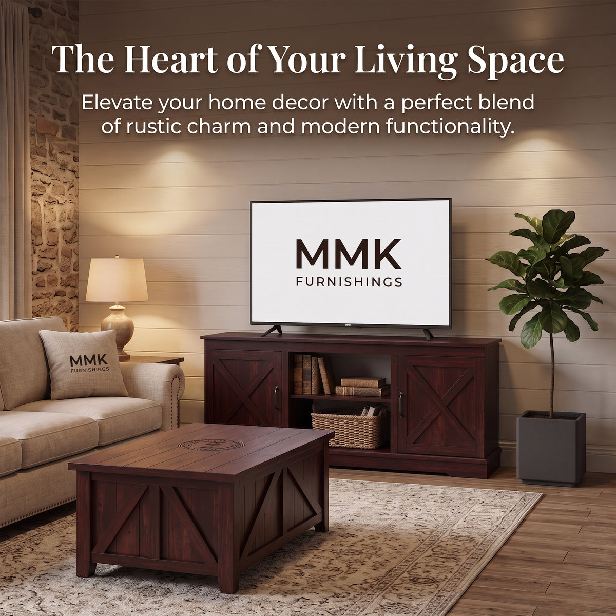 MMK FURNISHINGS Rustic Farmhouse TV Stand with Barn Door Cabinets