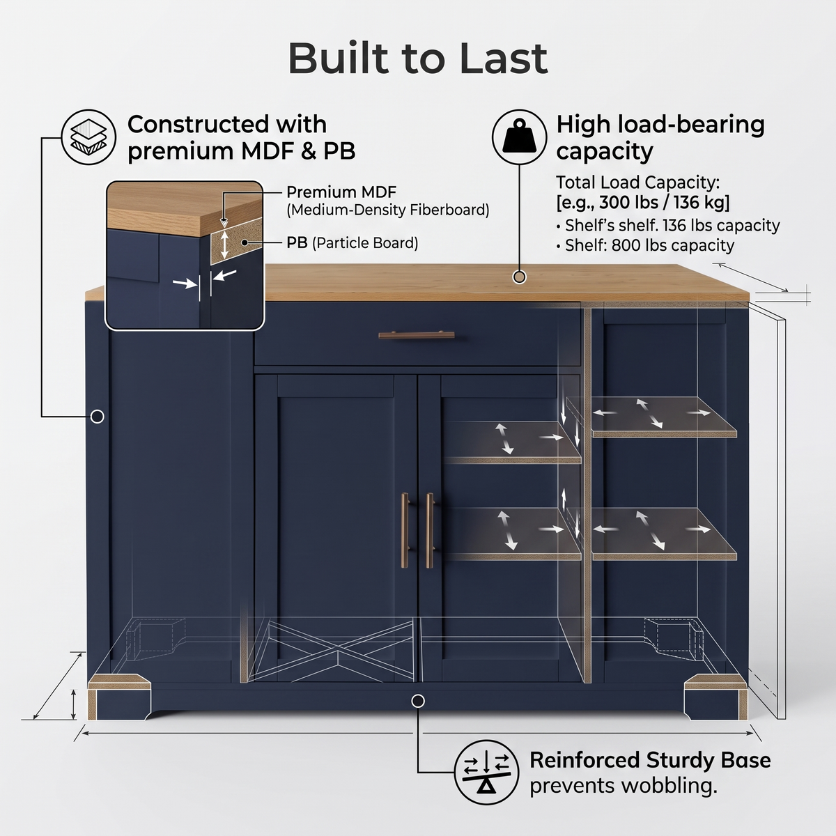 Premium Compact Modern Navy Blue Storage Cabinet & Kitchen Buffet with Gold Hardware