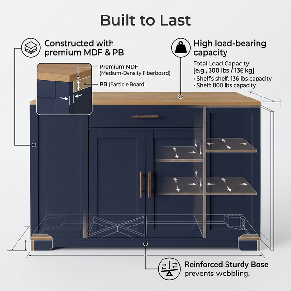 Premium Compact Modern Navy Blue Storage Cabinet & Kitchen Buffet with Gold Hardware