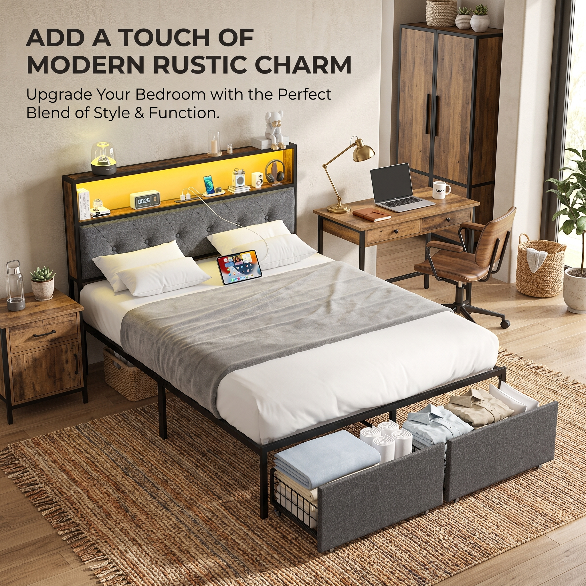 Modern Rustic Full Size Upholstered Bed Frame with LED Lights, Charging Station & 2 Storage Drawers
