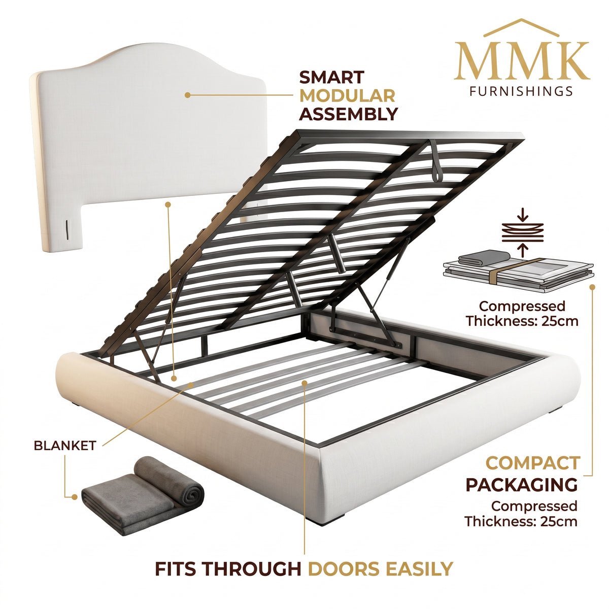 Premium King Completely Upholstered Lift-Up Storage Bed with Curved Headboard