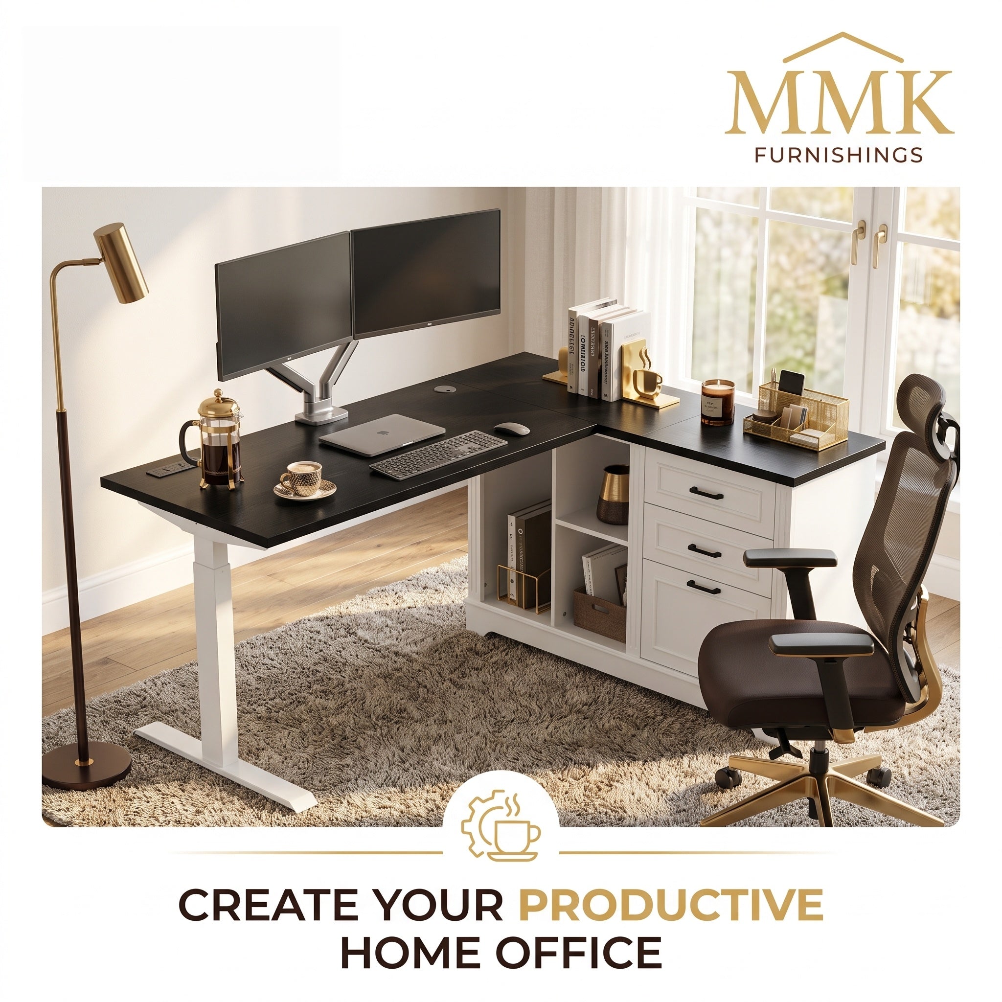 Premium 61" Two-Tone L-Shaped Home Office Desk with Storage & Ergonomic Lift Mechanism