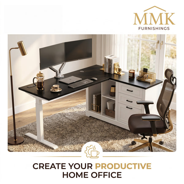 Premium 61" Two-Tone L-Shaped Home Office Desk with Storage & Ergonomic Lift Mechanism