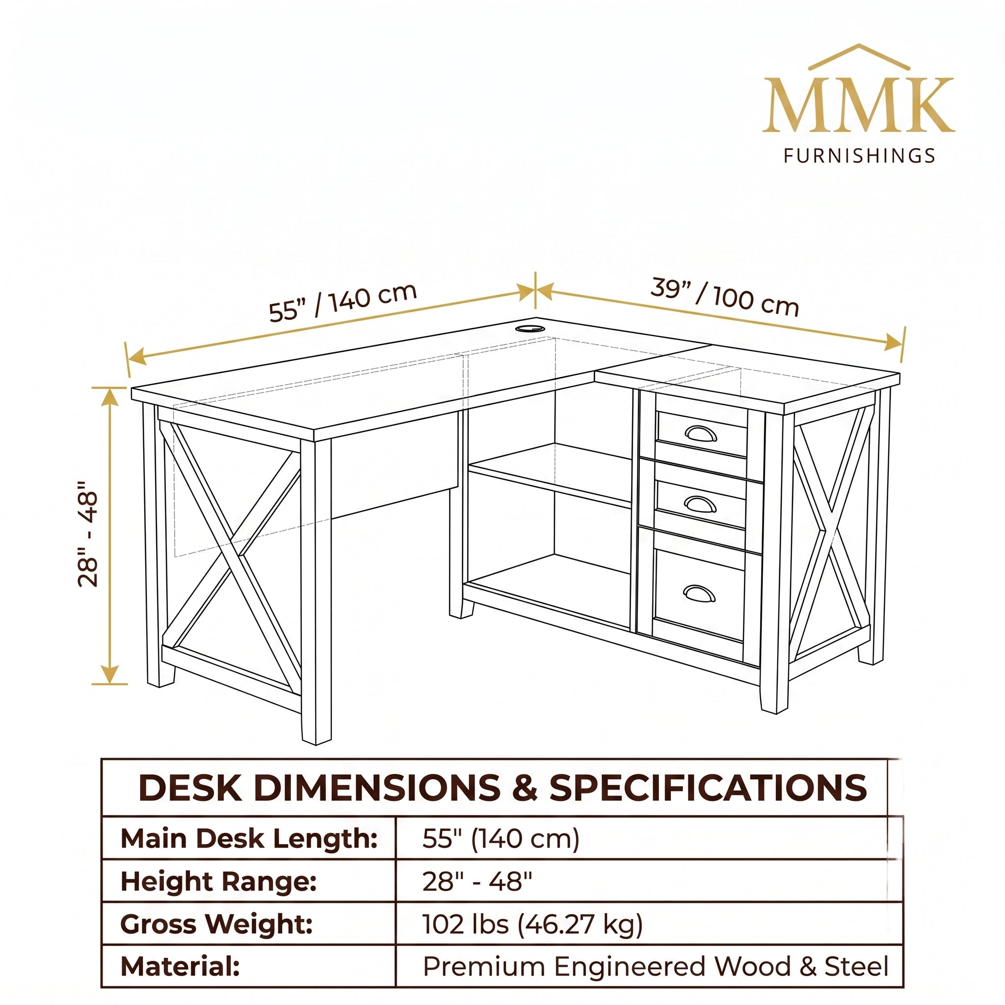 Premium 55" Two-Tone Farmhouse L-Shaped Home Office Desk with Lift Mechanism & Storage