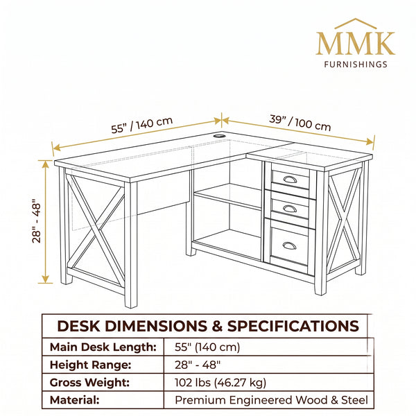 Premium 55" Two-Tone Farmhouse L-Shaped Home Office Desk with Lift Mechanism & Storage