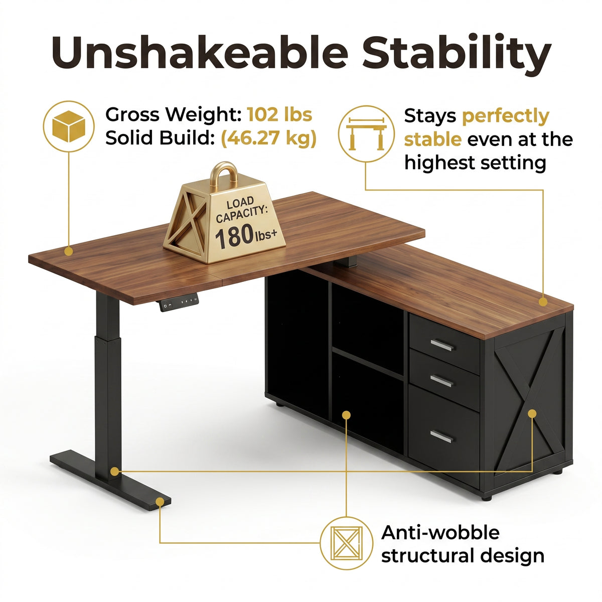 Premium 55" Two-Tone Farmhouse L-Shaped Standing Desk with Lift Mechanism & Storage