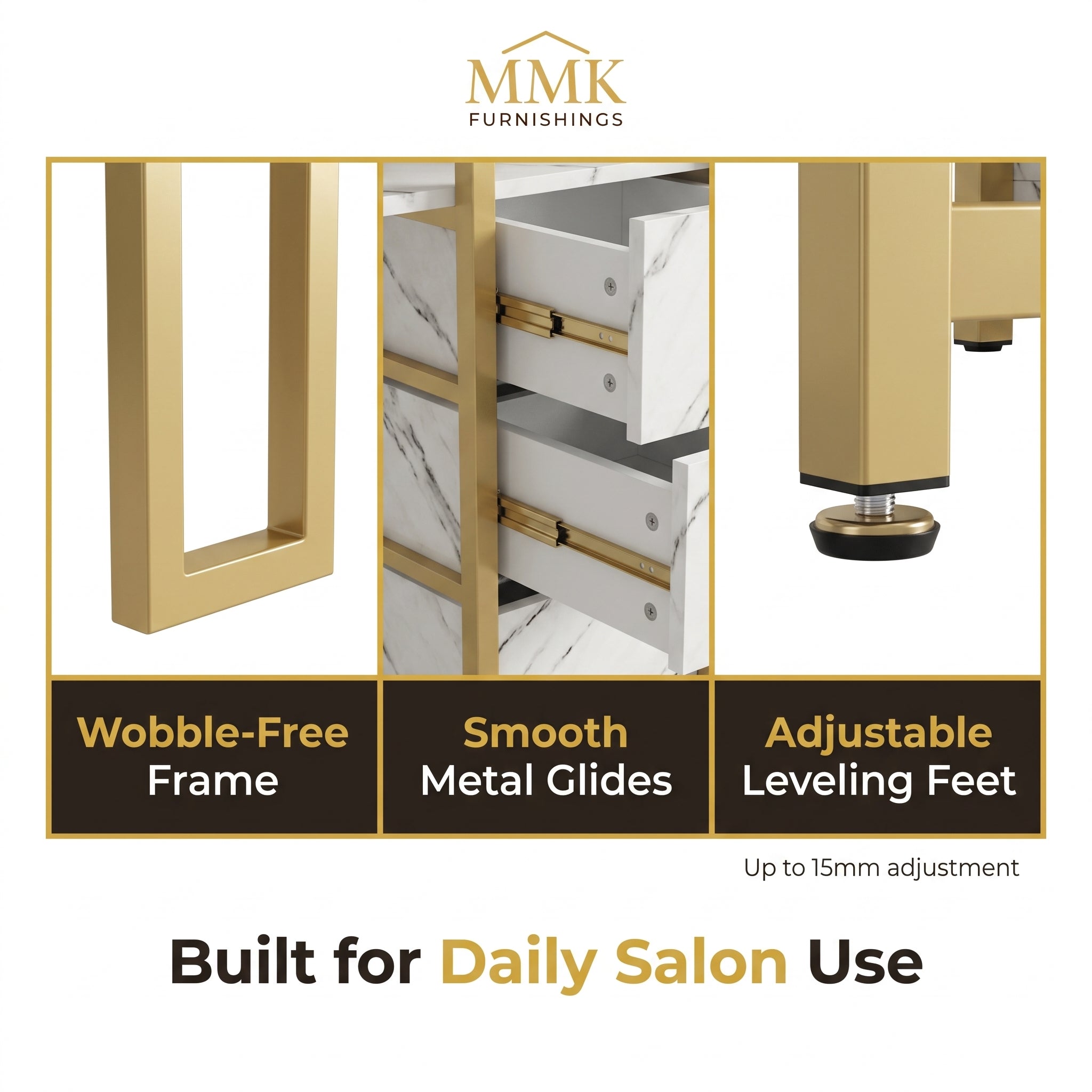 Premium Luxury White Marble & Gold Manicure Table Desk
