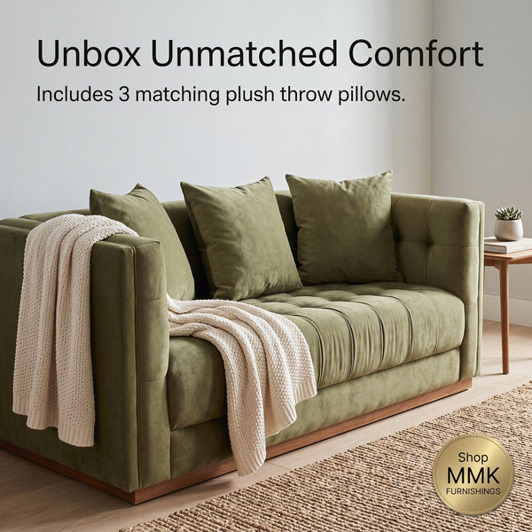 Modern Olive Green Tufted Fabric Sofa with Solid Wood Base