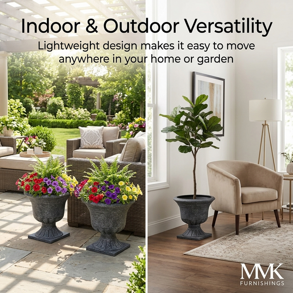 MMK Furnishings Classic Pedestal Urn Planter – Lightweight 100% PP Plastic, Faux Stone Finish for Indoor & Outdoor Use