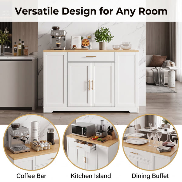 MMK FURNISHINGS Modern White Buffet Cabinet with Wood Top & Gold Hardware, Freestanding Storage Sideboard for Kitchen & Dining Room