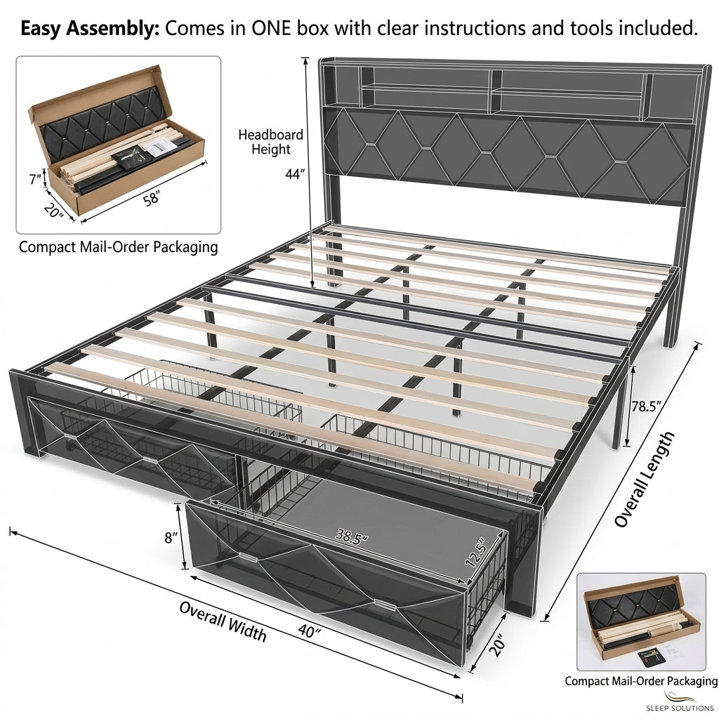 MMK FURNISHINGS Modern Diamond-Tufted PU Leather Platform Bed Frame with Storage Headboard & Under-Bed Drawers