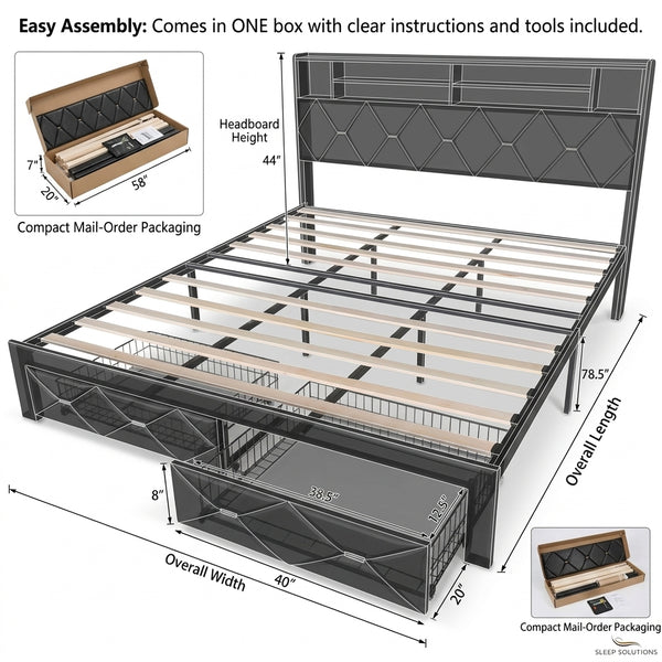 MMK FURNISHINGS Modern Diamond-Tufted PU Leather Platform Bed Frame with Storage Headboard & Under-Bed Drawers