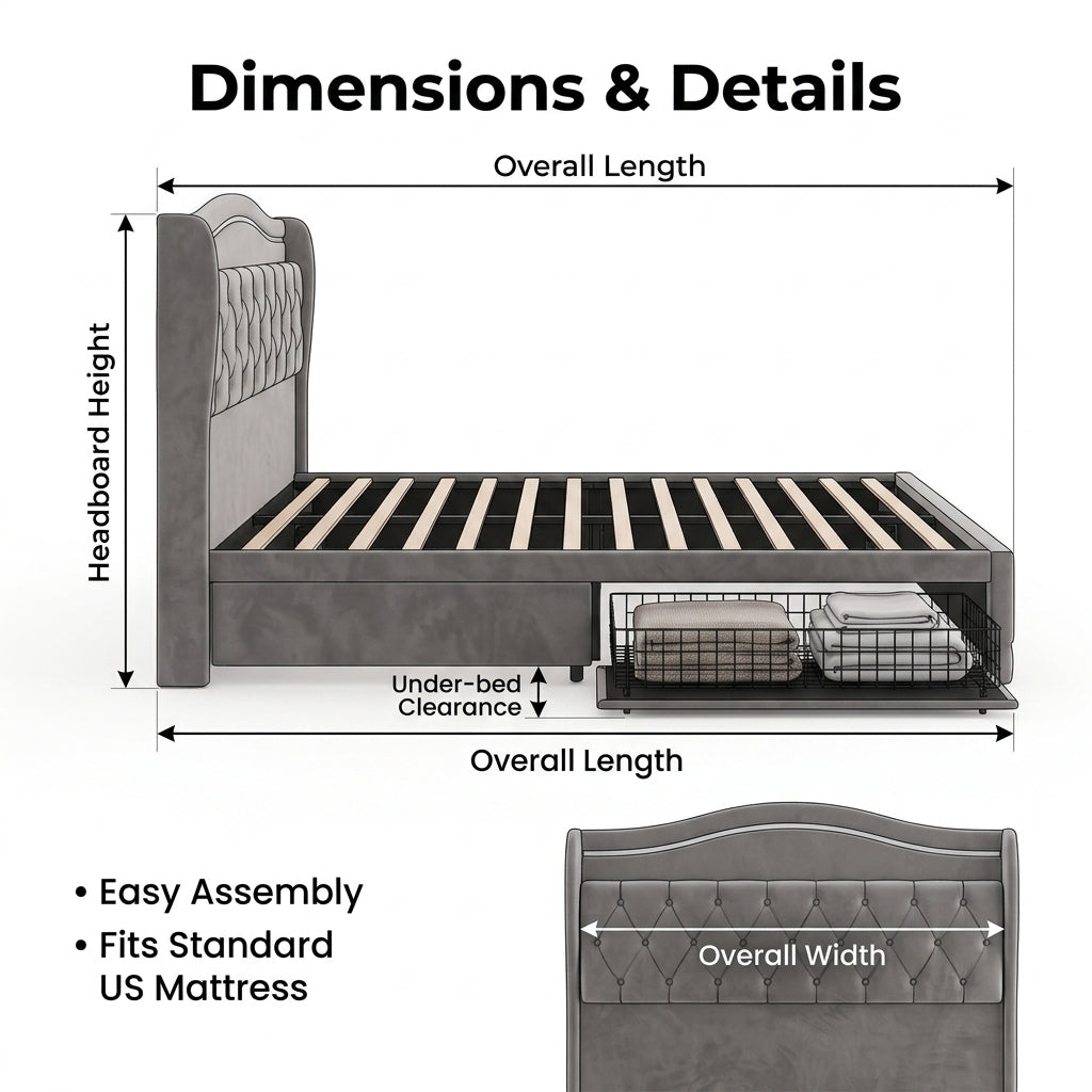 Luxury Tufted Velvet Upholstered Platform Bed Frame with Storage Drawer - Grey