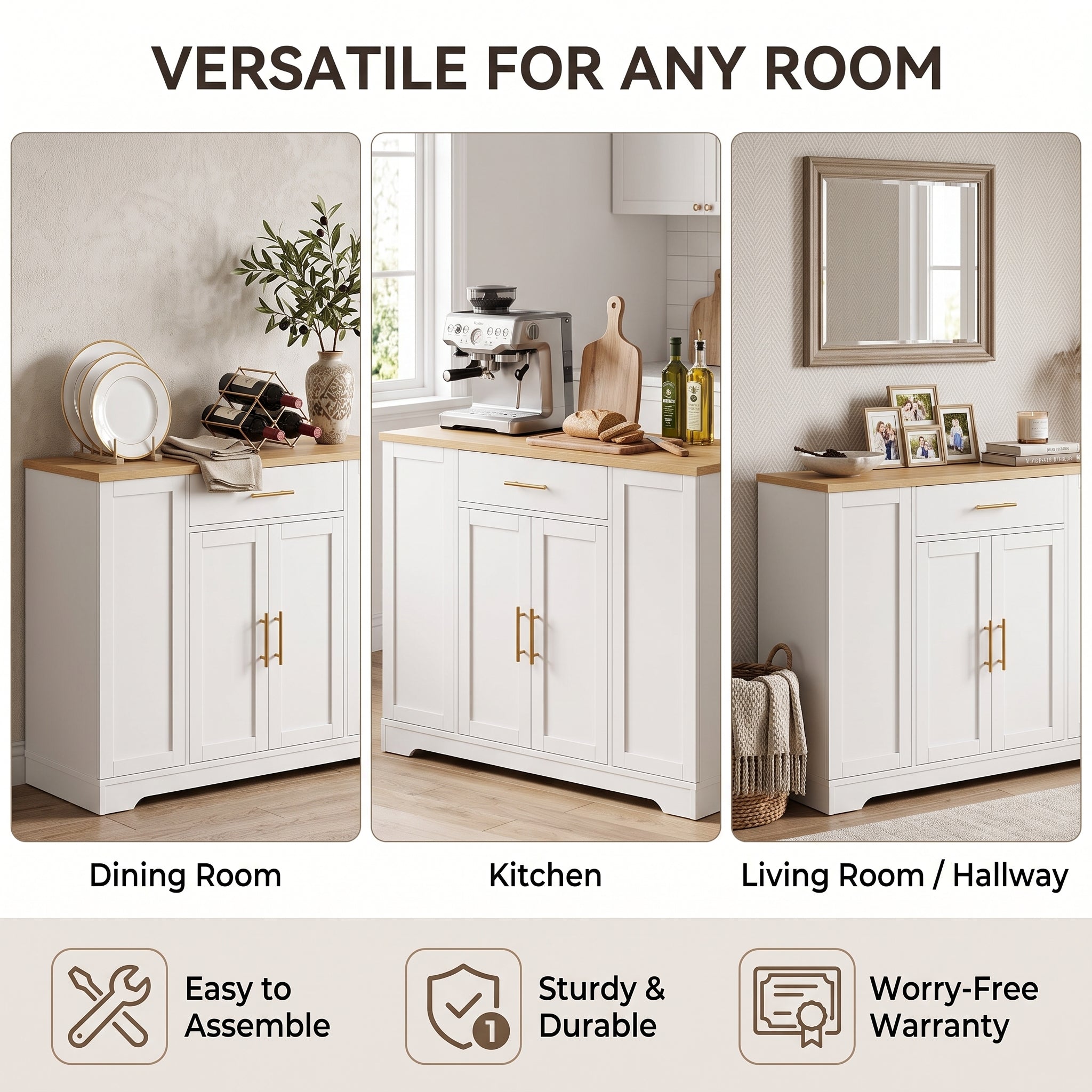 MMK Furnishings Modern Farmhouse White Sideboard Buffet Cabinet with Wood Grain Top & Gold Handles
