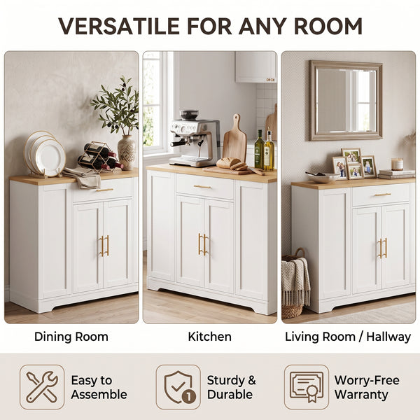 MMK Furnishings Modern Farmhouse White Sideboard Buffet Cabinet with Wood Grain Top & Gold Handles