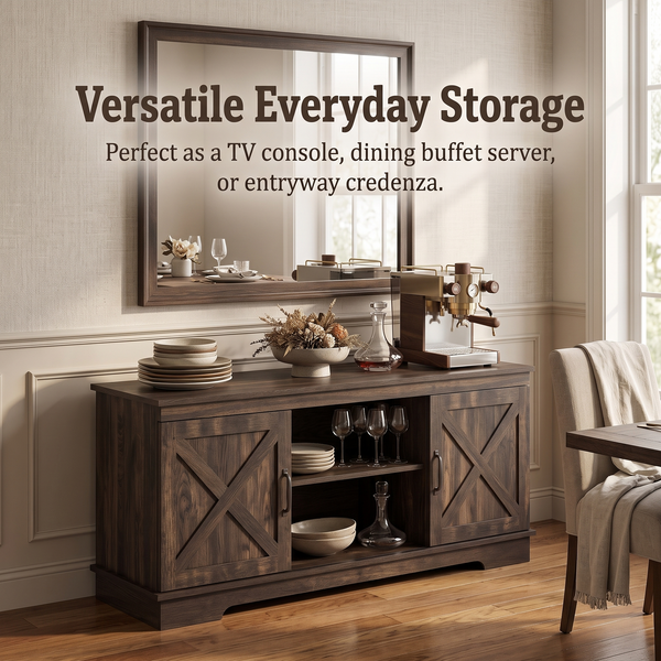 MMK FURNISHINGS Rustic Farmhouse Wood TV Stand with X-Pattern Cabinets & Open Shelves