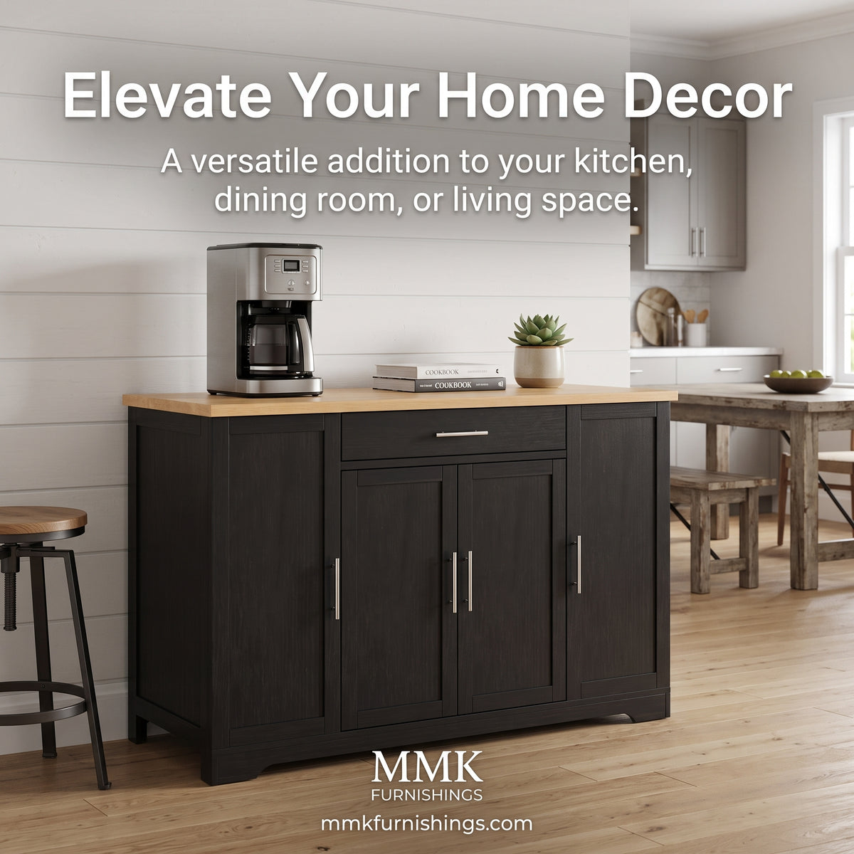 Black Sideboard Buffet Cabinet with Natural Wood-Grain Top and Silver Handles