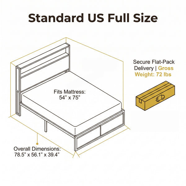Full Size Upholstered Platform Bed Frame with LED Lights, Storage Headboard & Charging Station