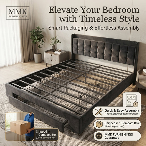 MMK FURNISHINGS Queen Velvet Platform Bed Frame – 4 Under-Bed Drawers