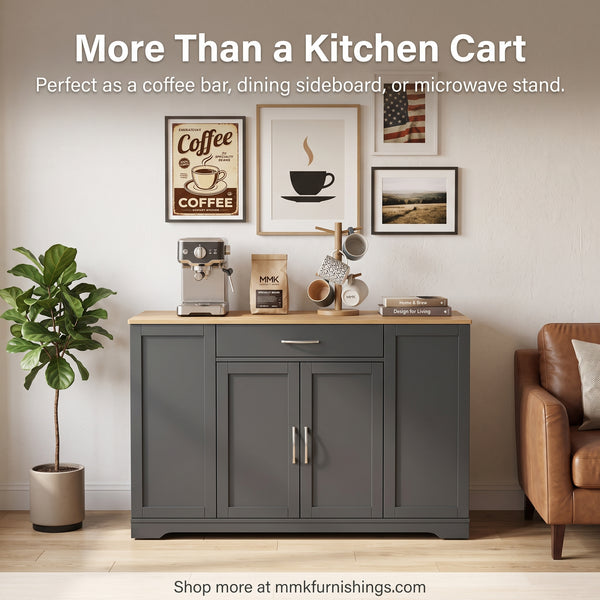 MMK FURNISHINGS Modern Grey Wooden Sideboard & Storage Cabinet with Natural Wood Top
