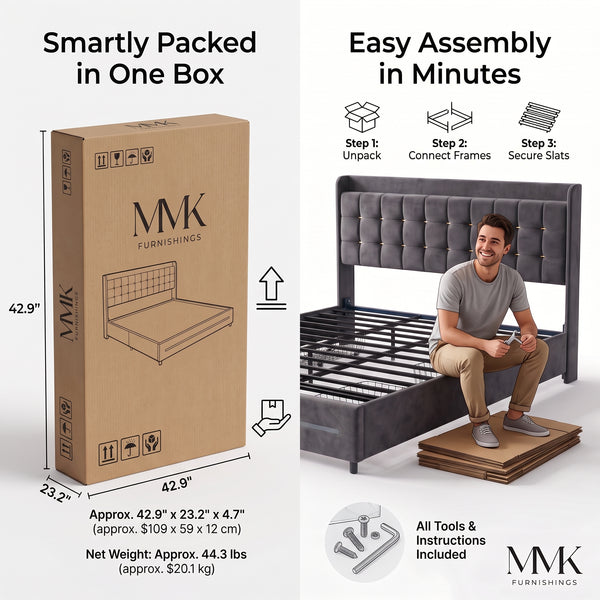 MMK FURNISHINGS Modern Velvet Upholstered Platform Bed Frame with Storage Baskets, Button Tufted Headboard (No Box Spring Needed)