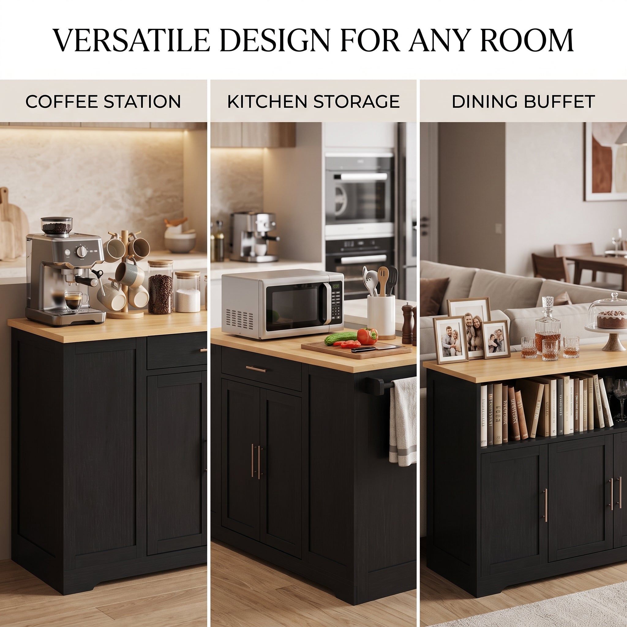 MMK FURNISHINGS Modern Kitchen Island & Dining Room Sideboard with Natural Wood Top
