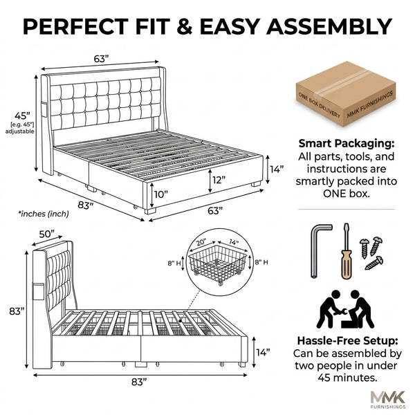 MMK FURNISHINGS Modern Black Velvet Upholstered Bed Frame with Storage Drawers & Tufted Headboard