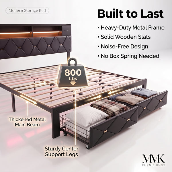 MMK FURNISHINGS Modern Upholstered Platform Bed Frame with LED Lights & Storage Drawers, Faux Leather Tufted Headboard, No Box Spring Needed, Black
