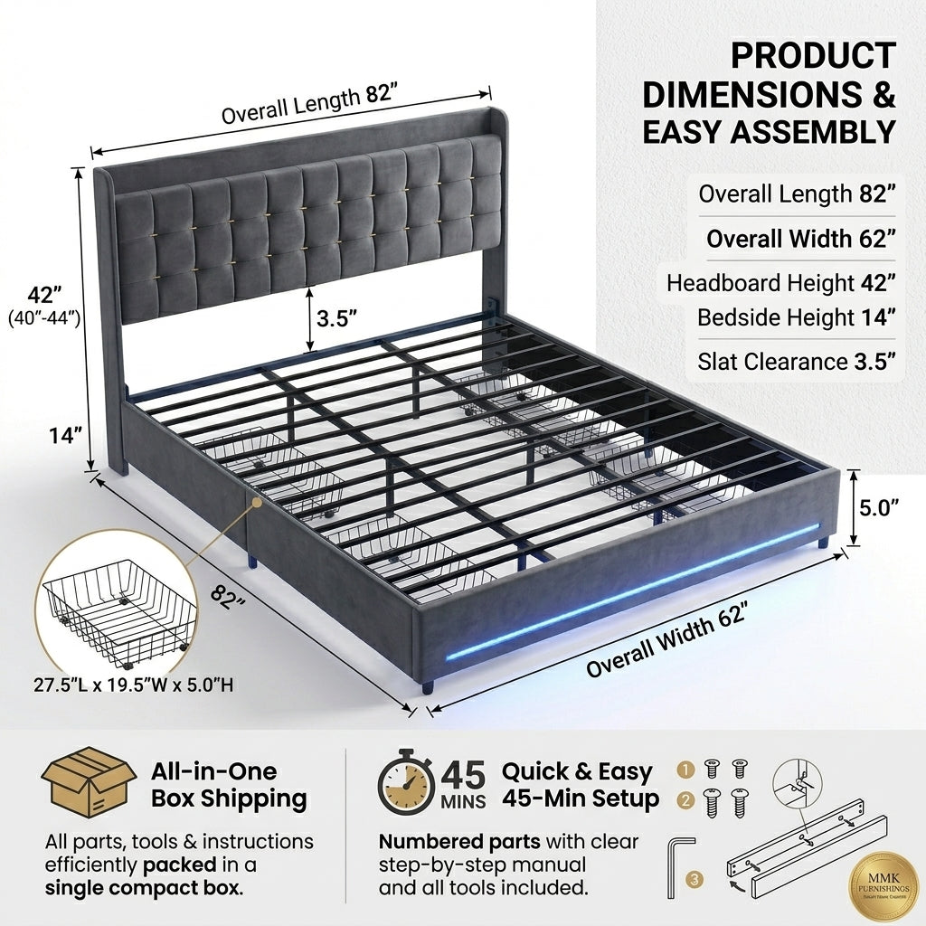 MMK FURNISHINGS Modern Velvet Upholstered Platform Bed Frame with Smart RGB LED Lights & 4 Storage Drawers, Heavy-Duty Steel Slat Support, No Box Spring Needed