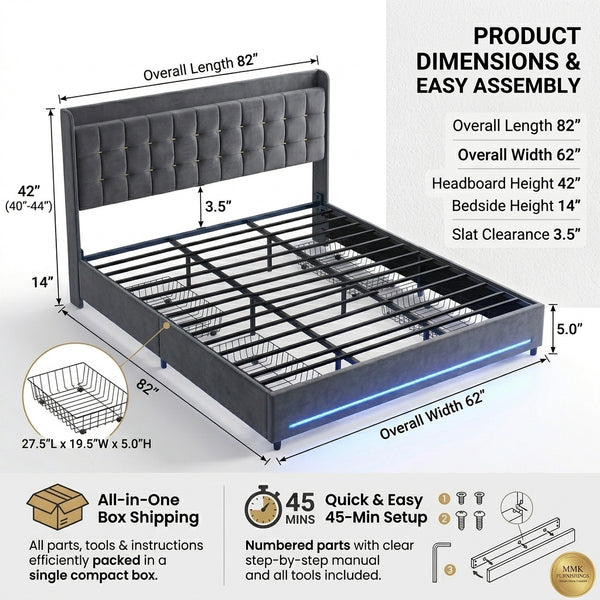 MMK FURNISHINGS Modern Velvet Upholstered Platform Bed Frame with Smart RGB LED Lights & 4 Storage Drawers, Heavy-Duty Steel Slat Support, No Box Spring Needed