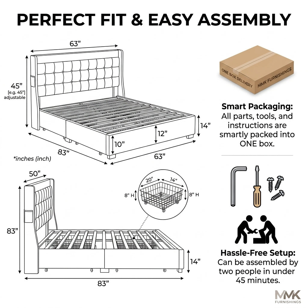 MMK FURNISHINGS Upholstered Velvet Platform Bed Frame with Tufted Headboard & Storage Drawers, Black