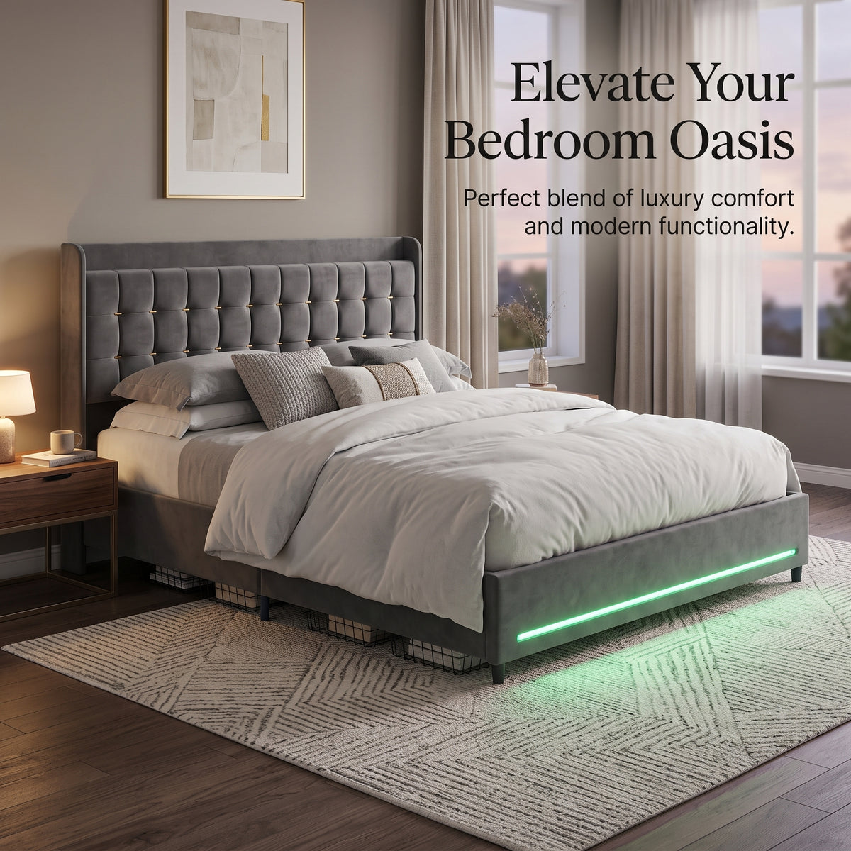 MMK Modern Velvet Bed Frame with LED & Storage