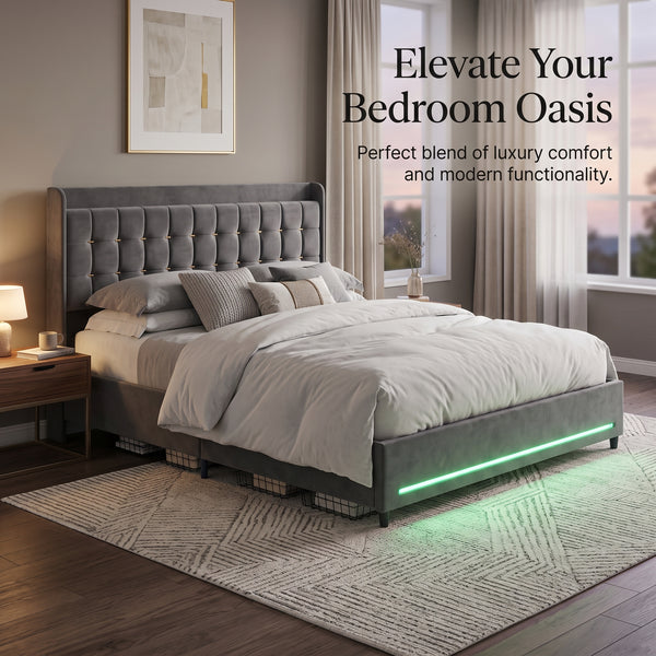 MMK Modern Velvet Bed Frame with LED & Storage