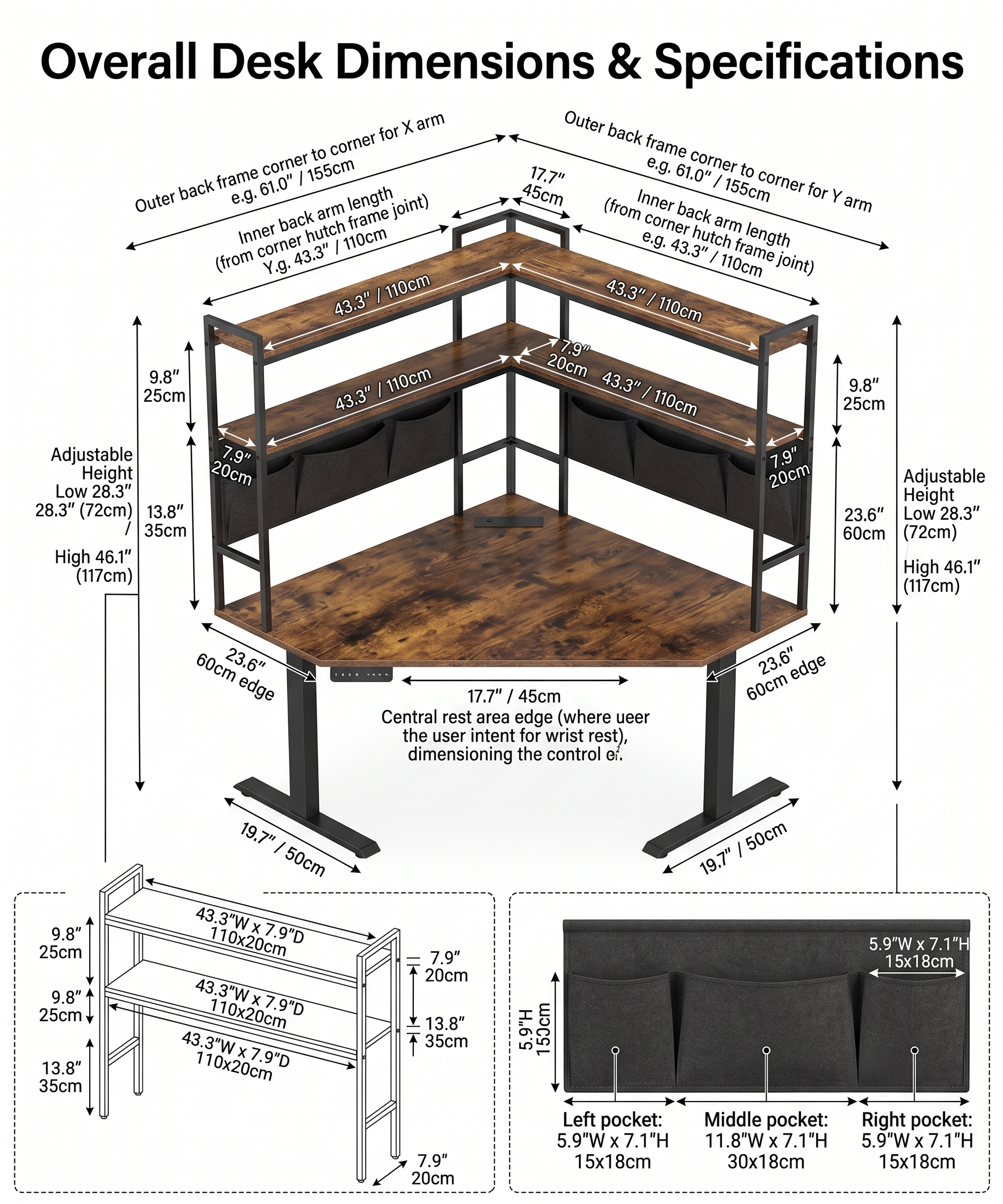 L-Shaped Electric Sit-Stand Corner Desk with Integrated Shelves & Fabric Storage Pockets