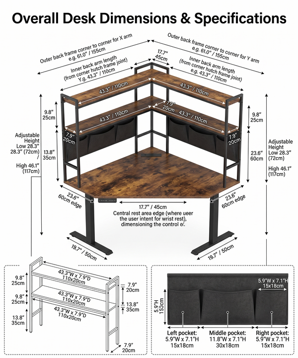 L-Shaped Electric Sit-Stand Corner Desk with Integrated Shelves & Fabric Storage Pockets