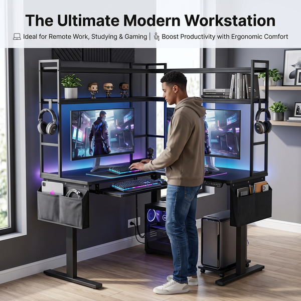 Sleek All-Black L-Shaped Electric Sit-Stand Corner Desk with Integrated Shelves & Storage